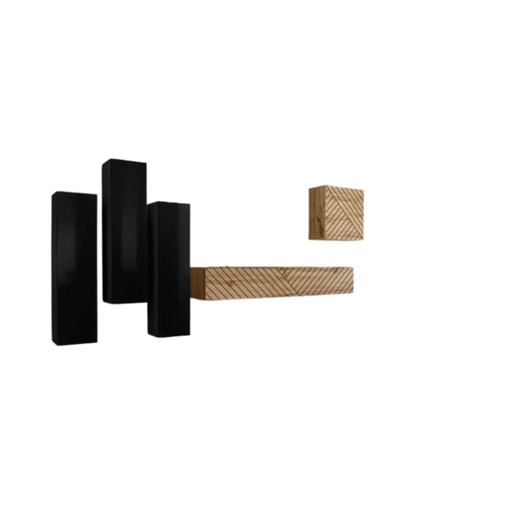 Set di mobili per soggiorno SWITCH III design, colori nero e rovere. Finiture lucide e effetto rovere fresato.