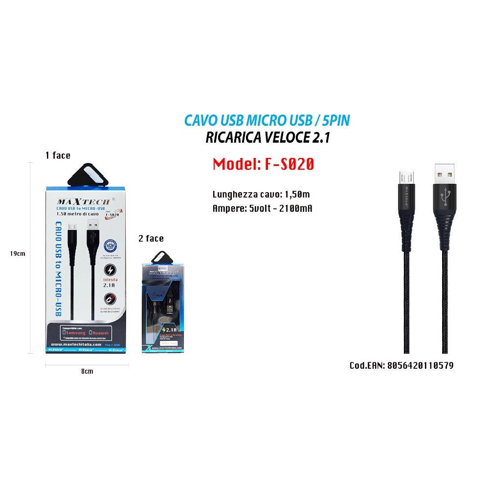 Trade Shop - Cavo Micro Usb 1.5mt Dati Caricabatteria Usb Per Samsung Huawei Maxtech F-s020 -