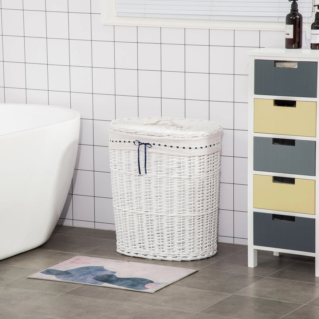 EasyComfort Cesto Portabiancheria in Vimini con Coperchio e Sacco Interno in Tessuto Lavabile, Bianco