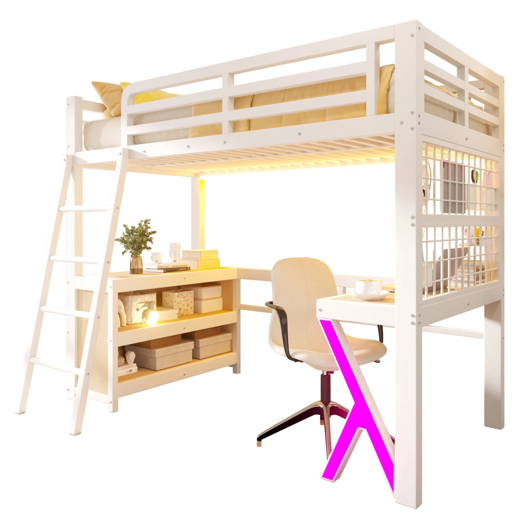 Letto a soppalco 90x200 cm con scrivania; armadio e striscia LED; in metallo e MDF bianco