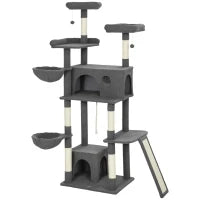 Albero tiragraffi con 3 letti, 2 piattaforme e 3 giocattoli sospesi, altezza 174 cm, Grigio
