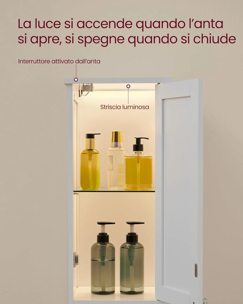 VASAGLE Mobile da Bagno con Luce, Armadietto Mobiletto da Bagno a Colonna con Ripiani Regolabili, Scomparti Aperti, per Piccoli Spazi, Moderno, Bianco Nuvola BBC566W03