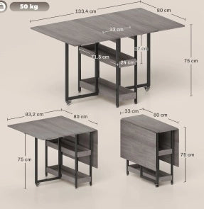 Tavolo pieghevole 133.4x80x75 cm con 2 vani aperti in legno grigio