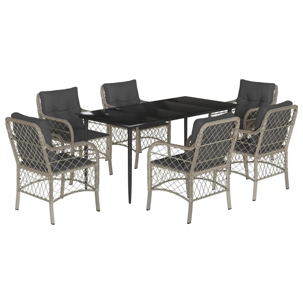 Set da Pranzo da Giardino 7 pz Cuscini Polyrattan Grigio Chiaro