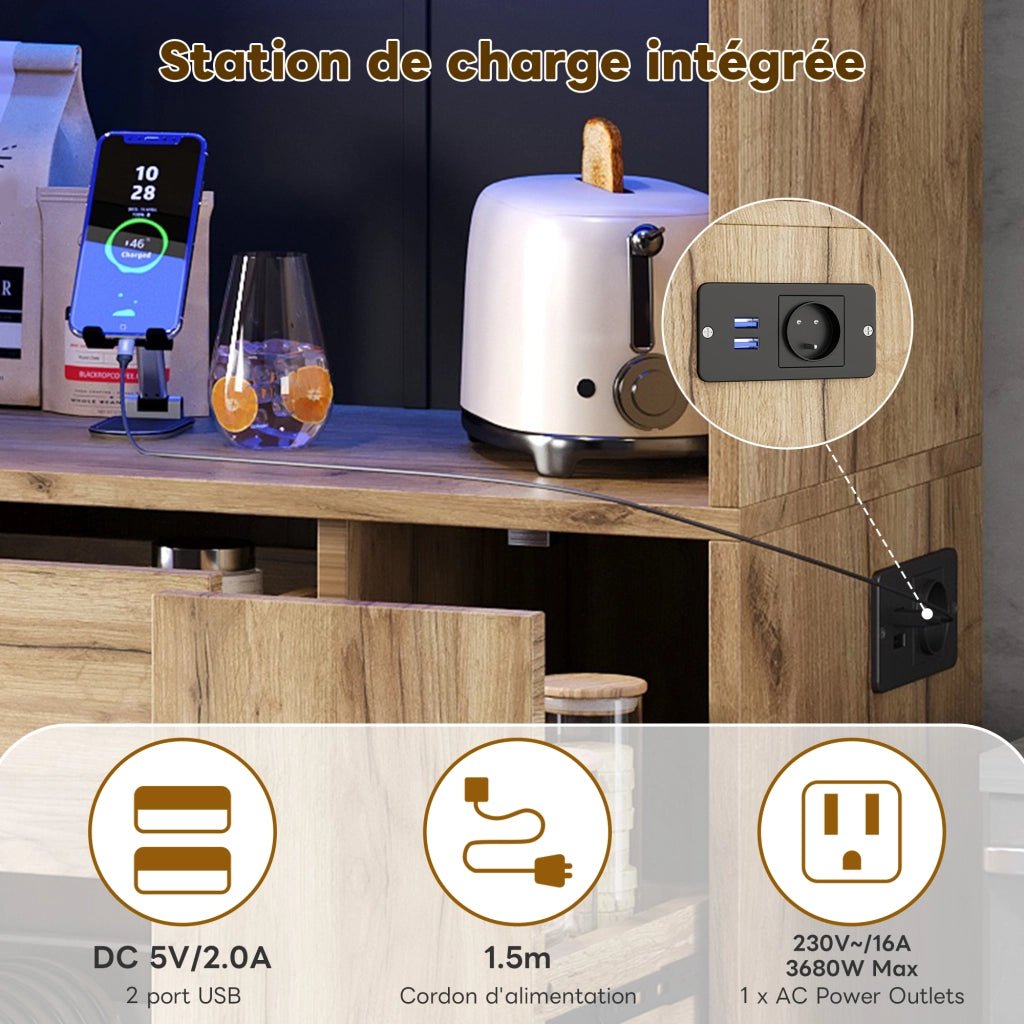 Credenza da cucina con ripiani regolabili; LED e prese - per cucina - in MDF - 185x105x40 cm - nero e naturale