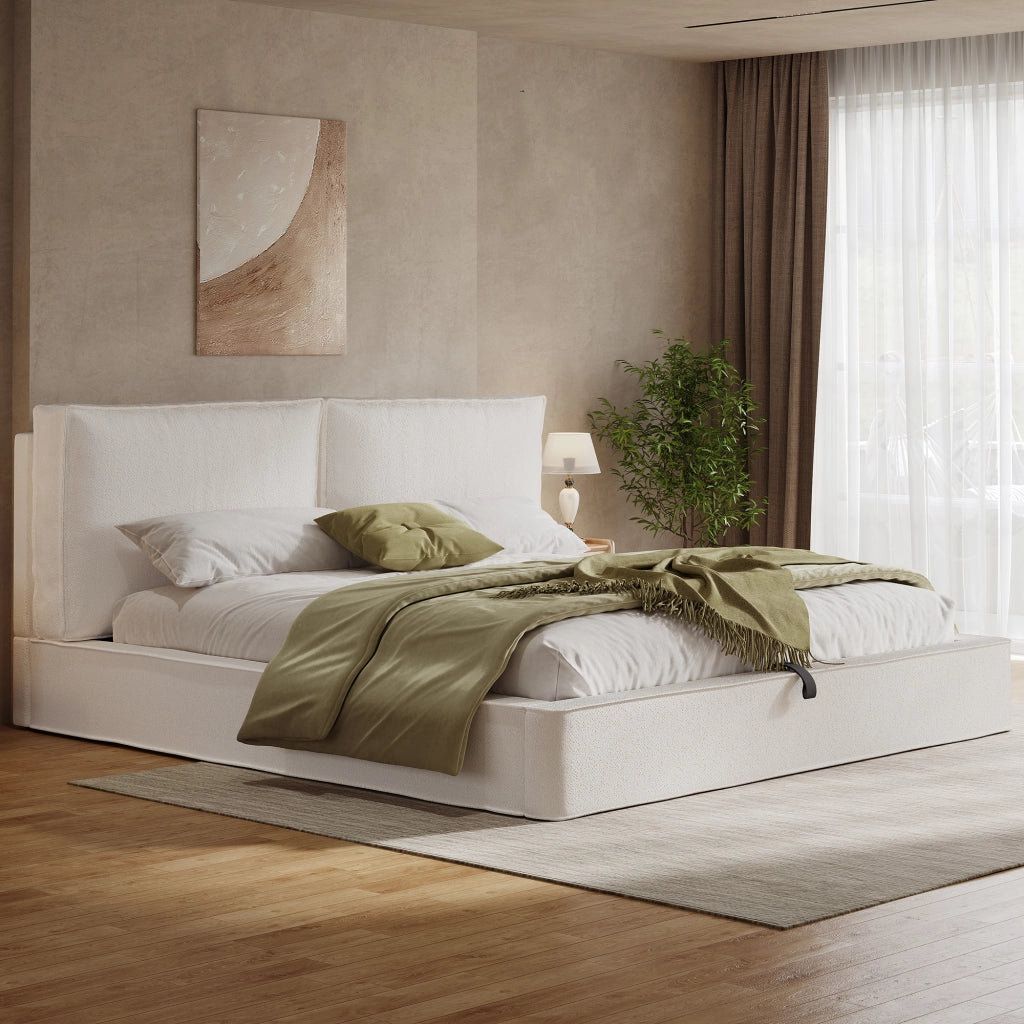 Letto matrimoniale contenitore 180 × 200 cm con vano salvaspazio e testiera imbottita, senza materasso, bouclé beige