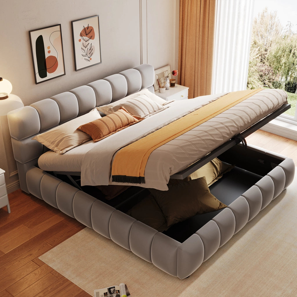 Letto imbottito contenitore ¨C Minimal ¨C Grigio velluto 140x200 cm idraulico