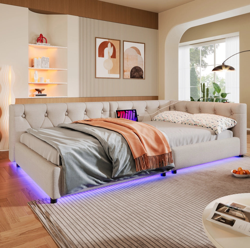 Letto daybed 90x200 cm con luci LED e USB Type-C in lino beige
