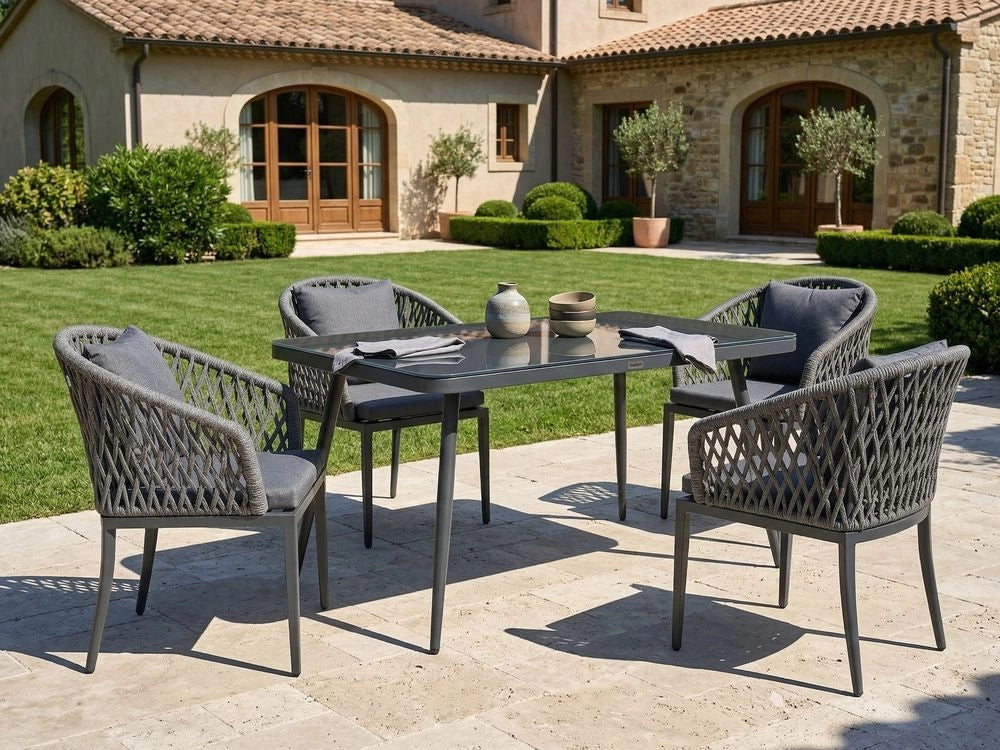 Set da pranzo da giardino 4 posti in metallo grigio alluminio finitura opaca tavolo da esterno 4 sedie cuscini moderno