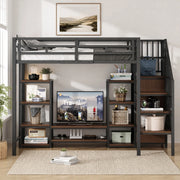 Letto a soppalco 90x200 cm nero con supporto TV, presa e scala contenitore