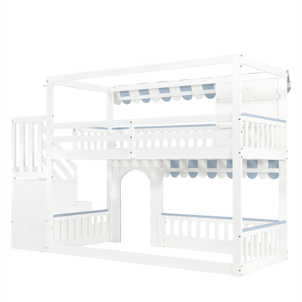 Letto a soppalco 90x200 cm, letto per bambini, a forma di casetta, con spazio contenitivo, in pino + MDF, bianco + blu
