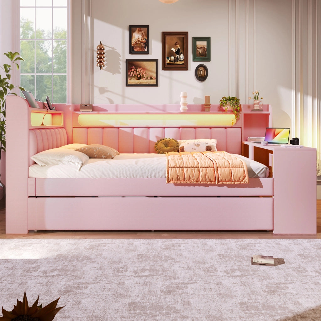 Letto da giorno imbottito 140x200 cm rosa con LED, USB e scrivania
