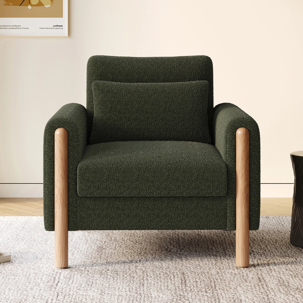 Poltrona 87x83x88.5 cm con cuscino spesso e struttura in legno; tessuto Teddy verde