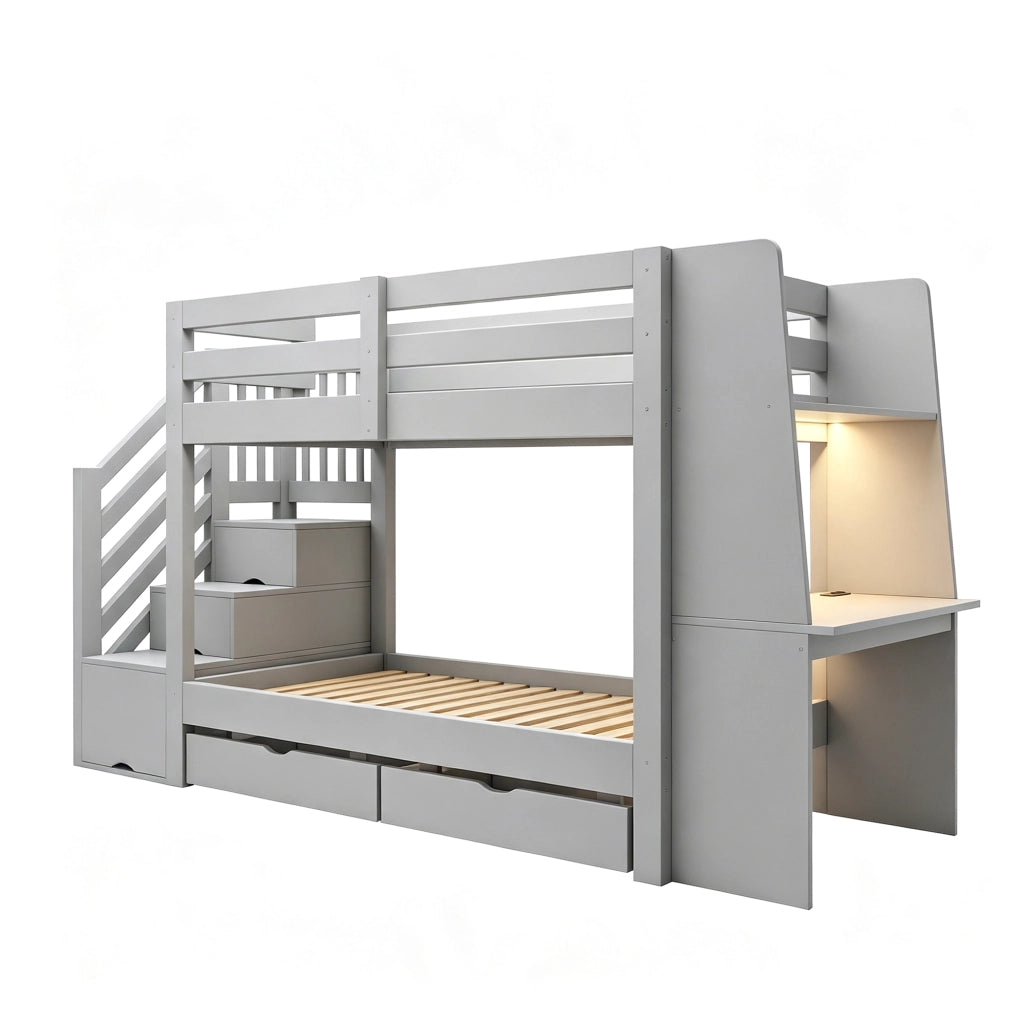 Letto a castello 90x200 cm con scrivania; libreria; scala contenitore; LED e cassetti; grigio