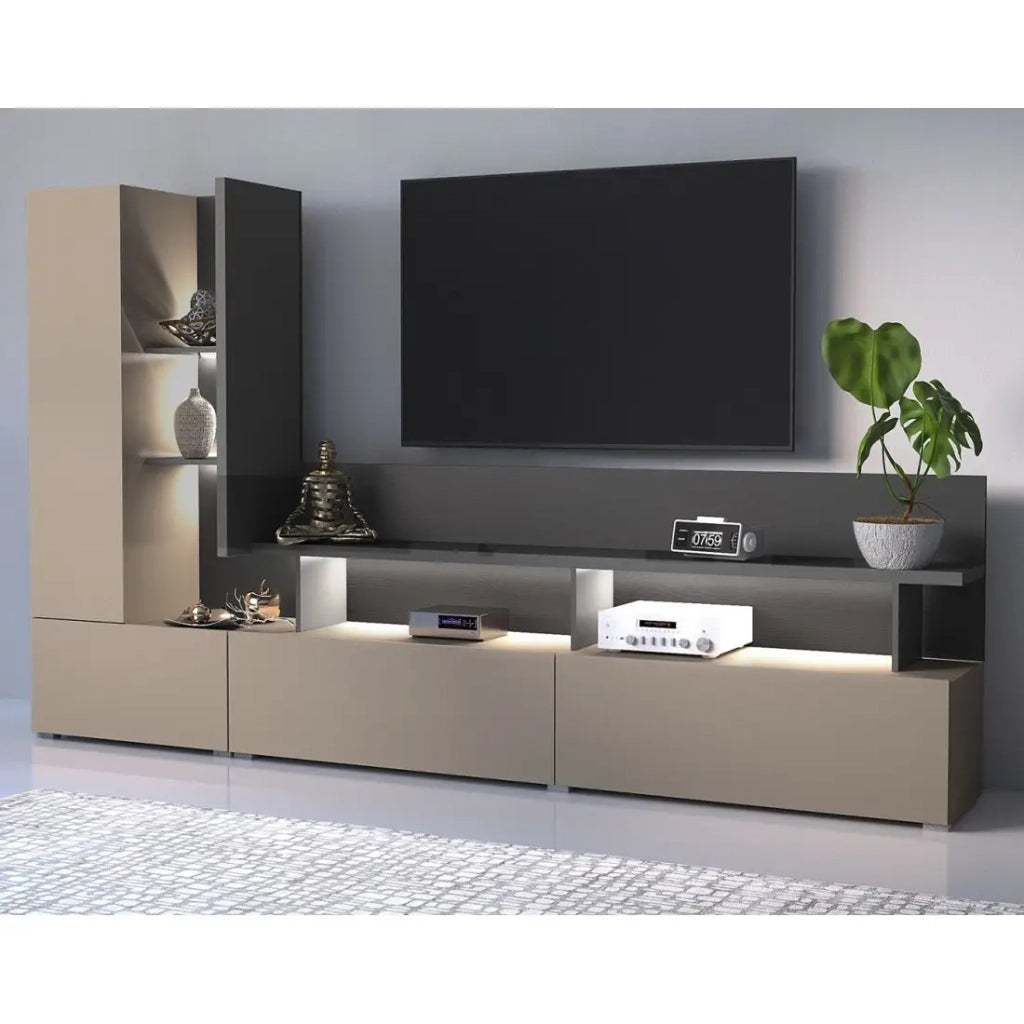Mobile Porta TV da parete NESS – Set 270 cm – 2 cassetti, 2 ante, 10 vani – Finitura Congo