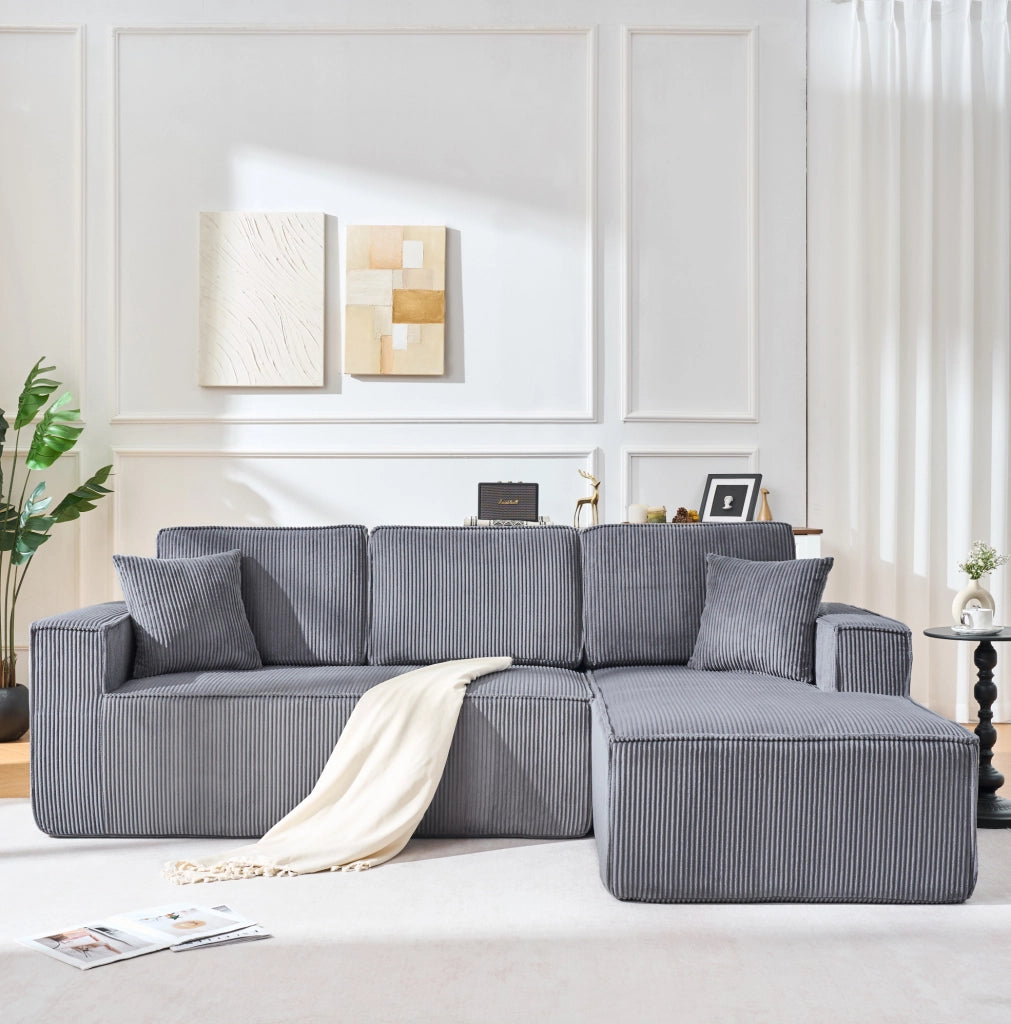 Divano angolare modulare a L; 2 posti con chaise longue; 235 x 128 x 60 cm; velluto a coste grigio