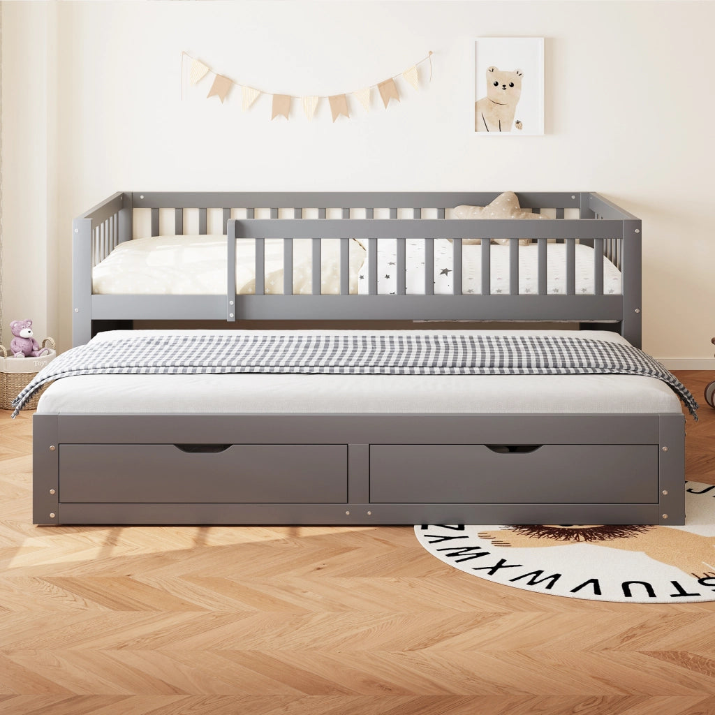 Letto estraibile singolo 90×200 cm con 2 cassetti; rete e barriera di sicurezza; senza materasso; legno; grigio