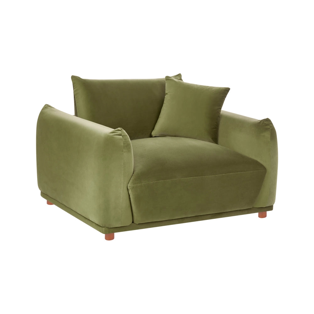 Poltrona in velluto verde con gambe in legno morbido, da salotto con braccioli stile moderno