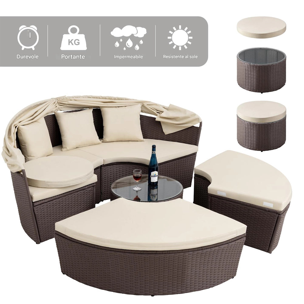 Letto Isola in Rattan Marrone Modulabile Salotto Esterni Giardino Tetto Parasole