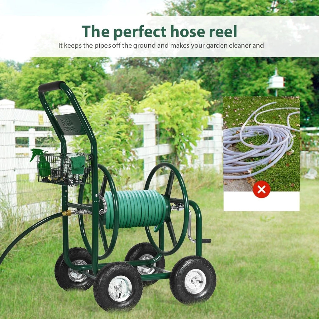 Carrello Avvolgitubo da Giardino, Avvolgitubo in Metallo con Cestino e 4 Ruote Pneumatiche, per Tubi da 5/8", Fino 80 Metri, 95 x 62 x 113 cm, Verde