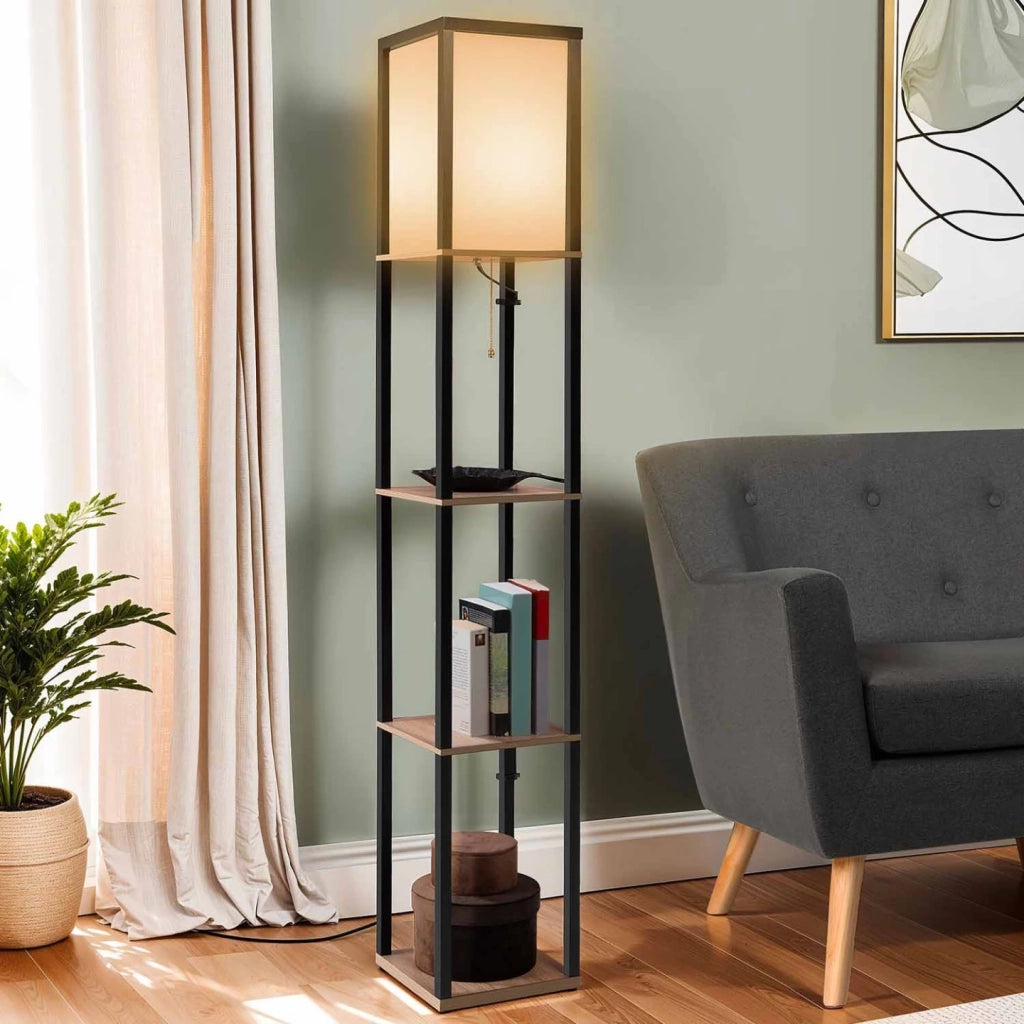 IDMarket - Lámpara de pie industrial de madera negra con estantes de madera clara y pantalla cuadrada blanca