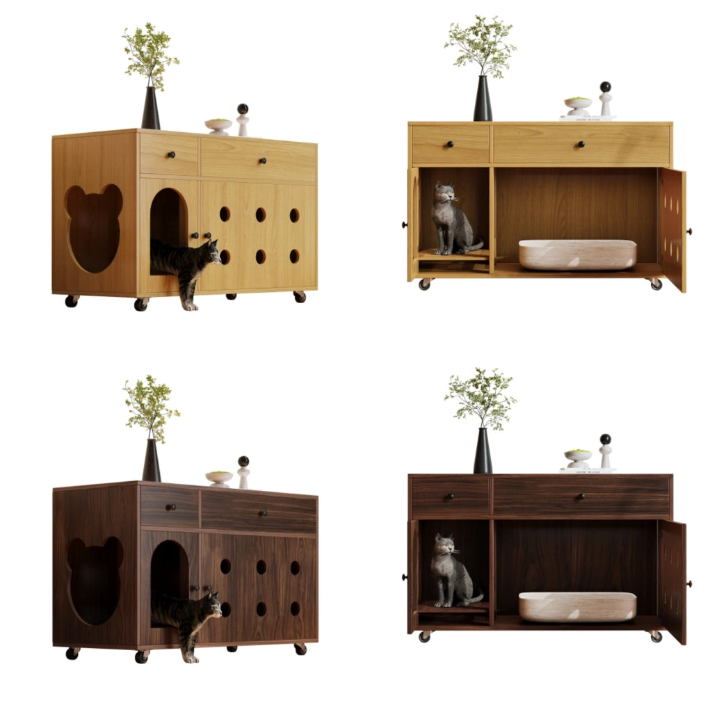 Mobile per lettiera per gatti 100x45x66 cm con cassetti; vassoio raccogli-sabbia amovibile; naturale