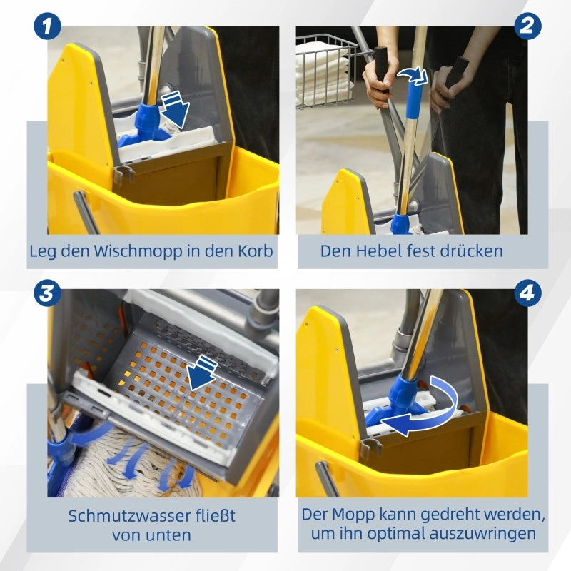 Secchio per la pulizia, secchio per mocio, con ruote, in plastica, manico in metallo, giallo