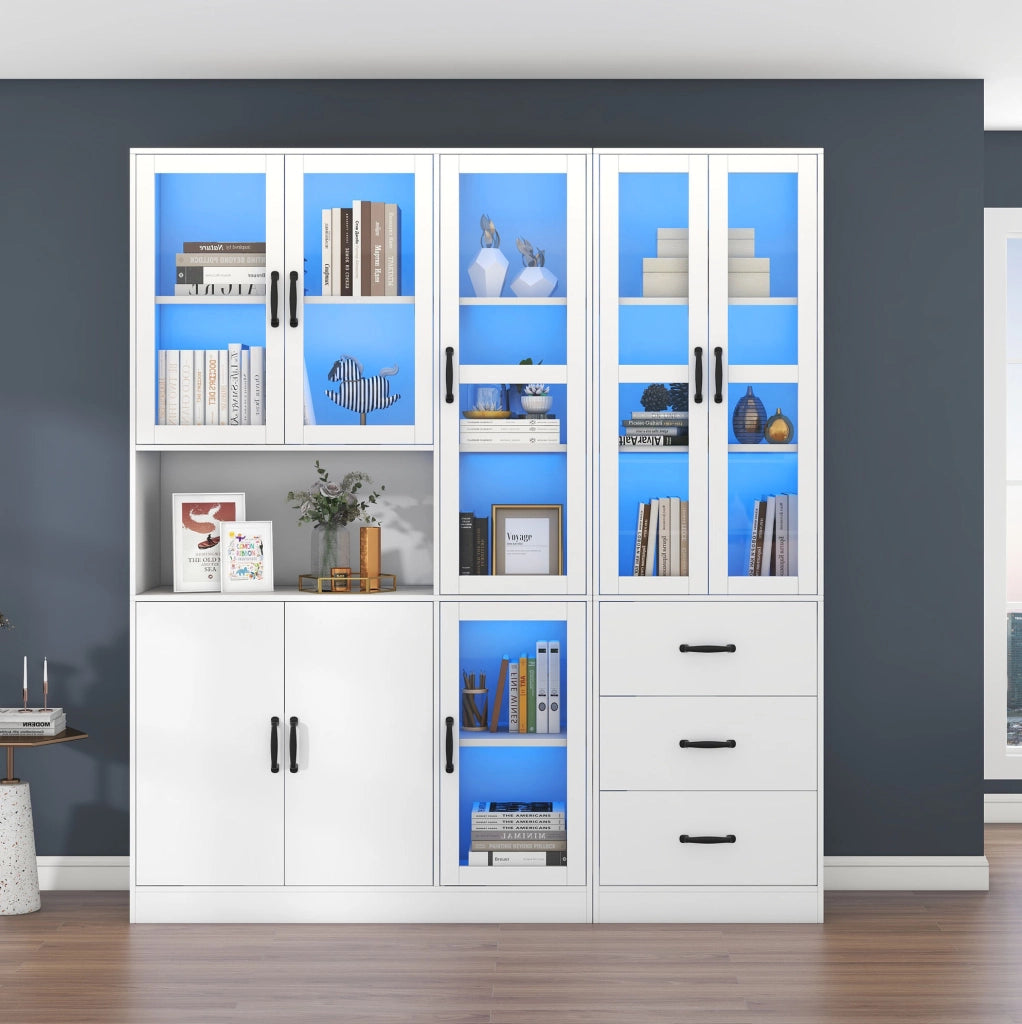 Vetrina combinata bianca con LED, 8 ante e 3 cassetti, 180 x 40 x 200 cm