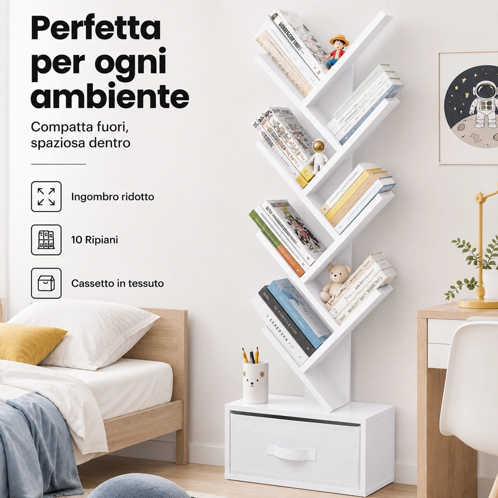 Libreria Design Moderno Bianco Scaffale 10 Ripiani con Cassetto Tessuto