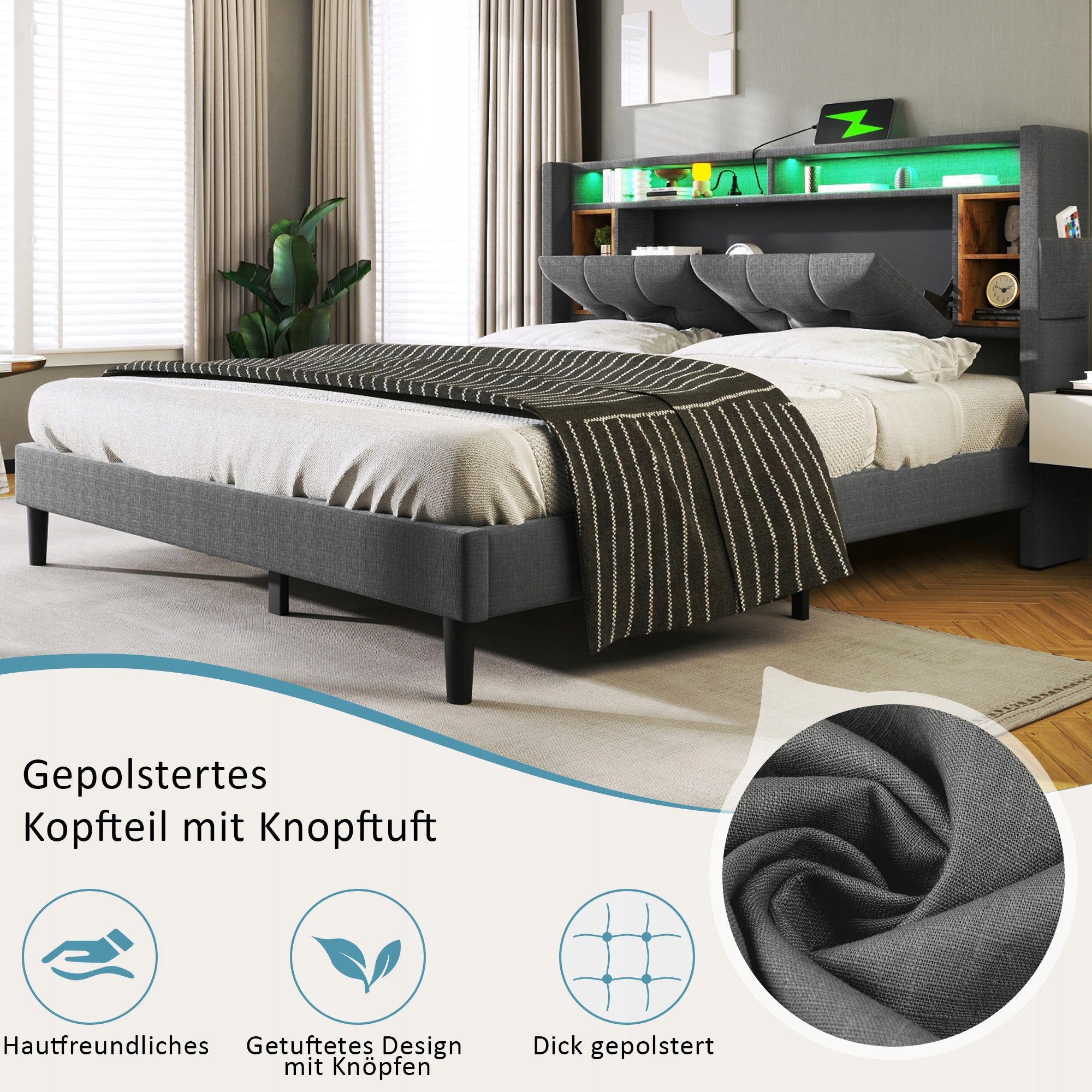 Letto imbottito 140x200 grigio con USB e LED - Xylo