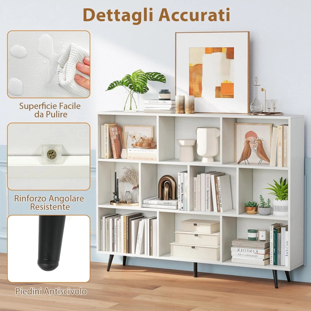 Libreria a 10 Cubi, Organizzatore di Stoccaggio Moderno con 5 Gambe di Metallo, Scaffale per Esposizione con 2 Kit Anti-Ribaltamento per Soggiorno Studio Camera da Letto, Bianco (140x24x107cm)