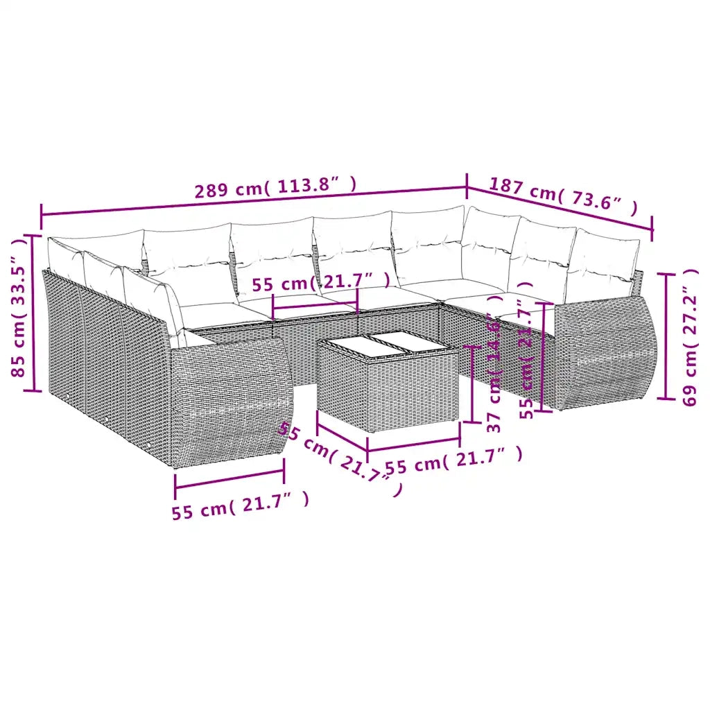 Set Divani da Giardino 10 pz con Cuscini Marrone in Polyrattan 3221813