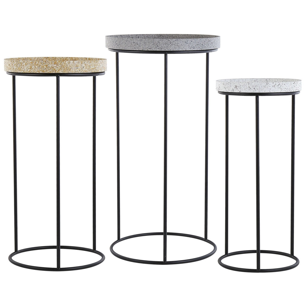 Set di 3 Tavolini Struttura in Metallo Nero Base Traforata Effetto Marmo Grigio Beige Piano Bianco