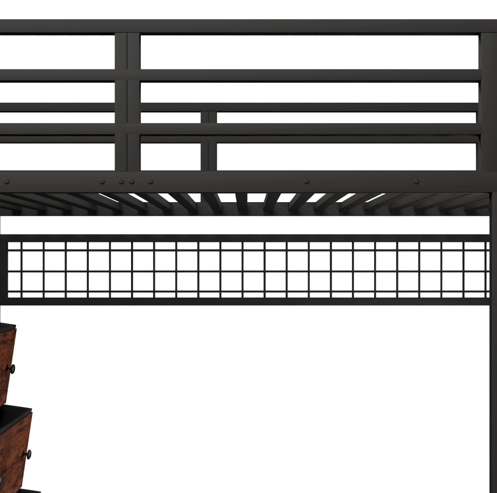 Letto a soppalco 140x200 cm con 8 cassetti, scaffali, pannello forato e LED