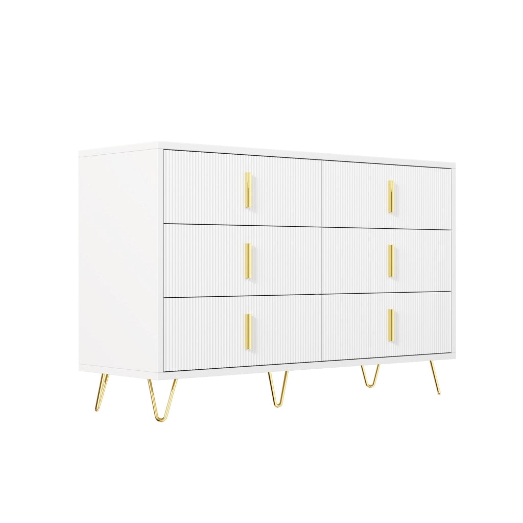 Credenza moderna con 6 cassetti, finitura bianca e dorata, 120 x 77 x 40 cm