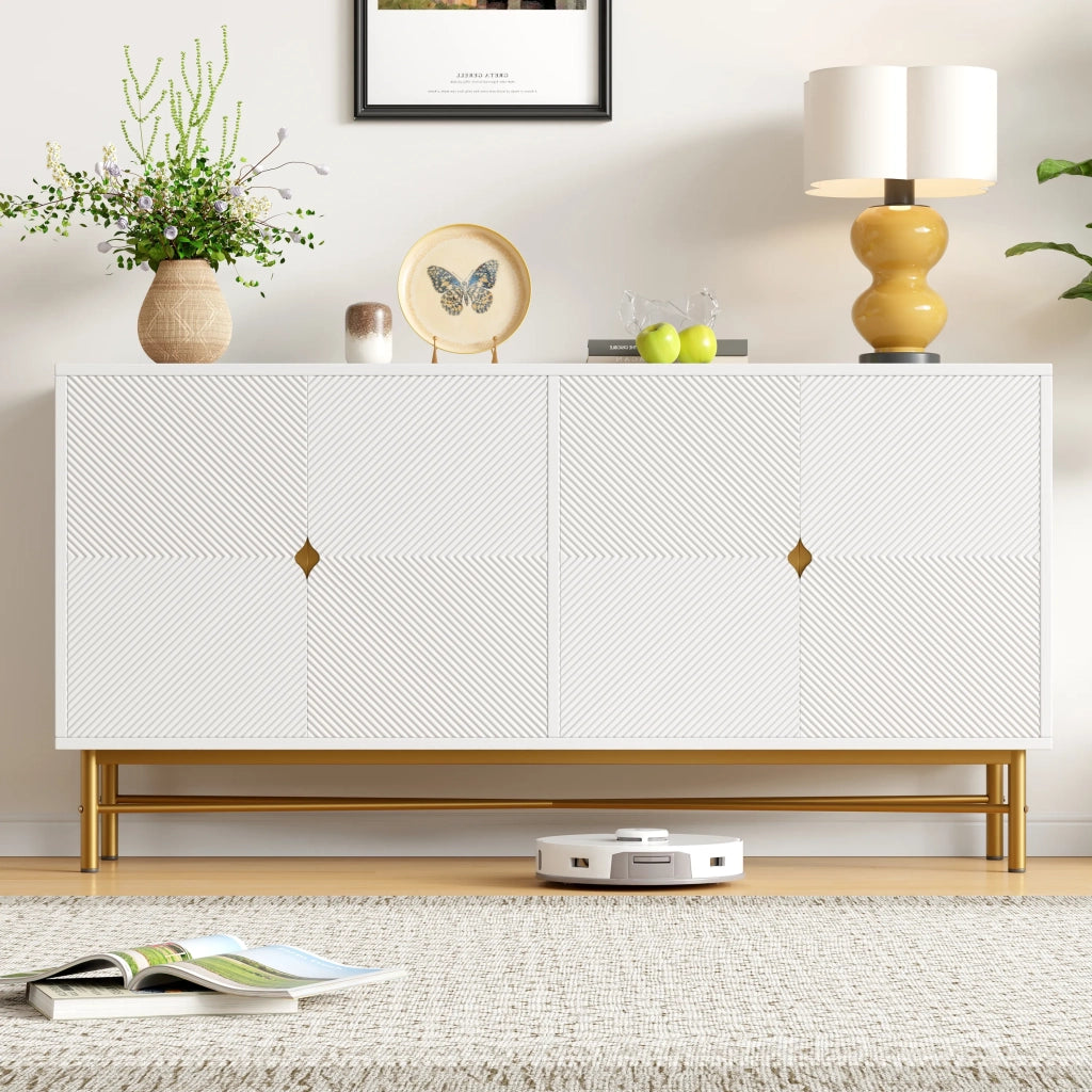 Sideboard bianco 160x40x82 cm, texture in rilievo, 4 ante, maniglie dorate spazzolate, gambe high-gloss
