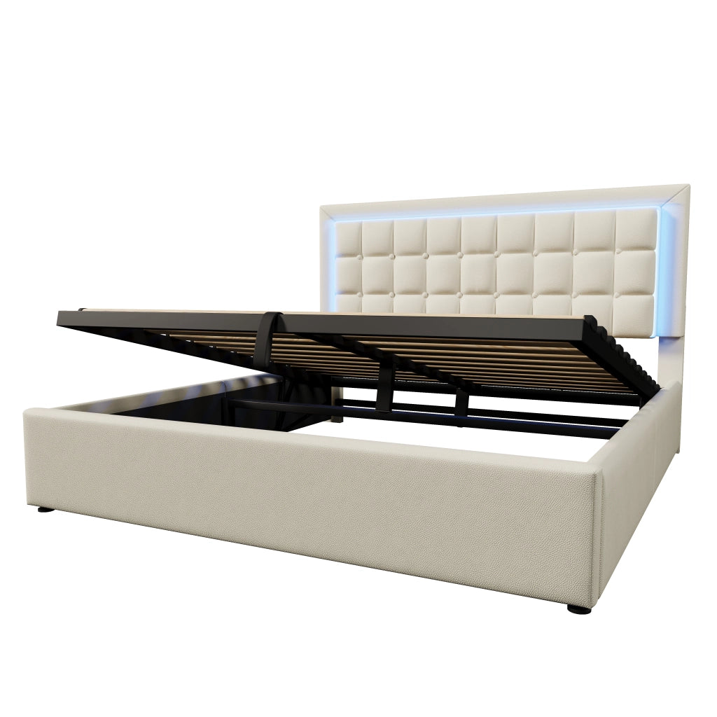 Letto matrimoniale contenitore 160x200 cm con LED, rete a doghe e rivestimento in PU bianco