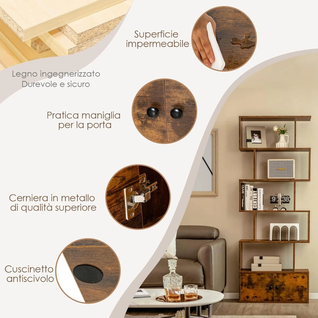 Libreria in Legno, Scaffale Multifunzionale con 5 Ripiani, per Ufficio ,Casa, Ripiano a Forma di S, 70 x 23 x 183 cm (Caffè)