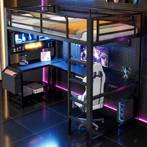 Letto a soppalco con scrivania 90x200 cm LEMONMAX, LED 7 colori, 2 prese e 2 USB, mensole, struttura in metallo, nero
