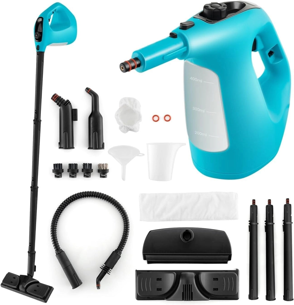 1500W Pulitore a Vapore Portatile, Macchina a Vapore con Serbatoio d'Acqua da 400 ml Blocco per Bambini e Kit di Accessori da 14 Pezzi, 33x13x24,5 cm (Blu)