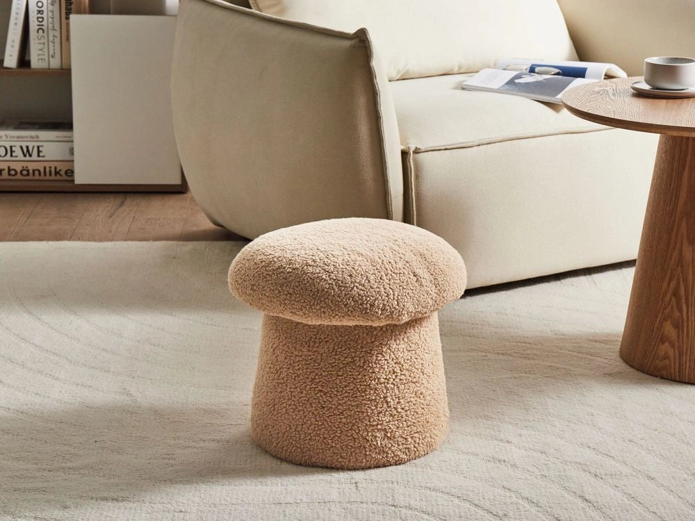 Pouf Beige Boucle Rotondo 45 x 45 x 46 cm Poggiapiedi Tappezzeria a forma di fungo Soggiorno moderno Camera da letto