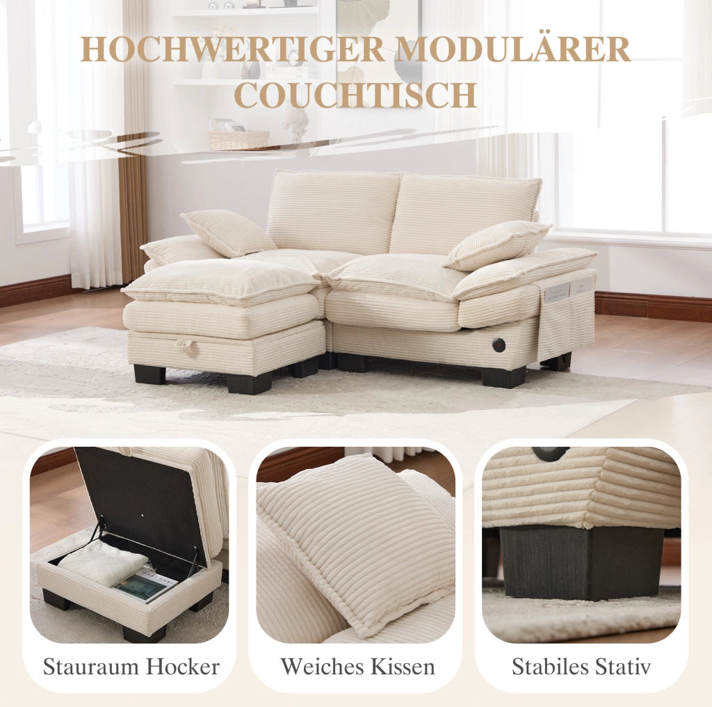 Divano 2 posti in velluto a coste beige con pouf e USB-C