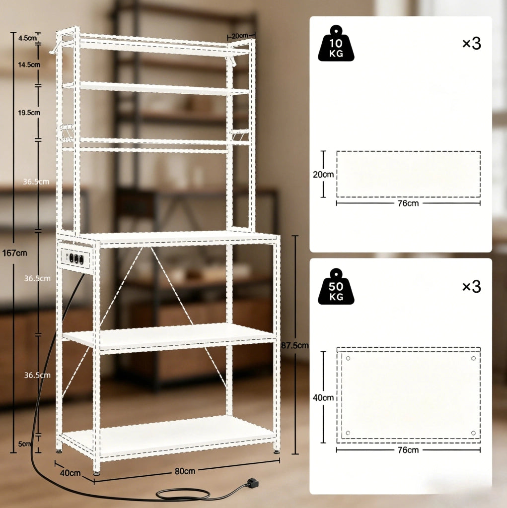 Scaffale cucina con prese, 6 ripiani e ganci, marrone rustico
