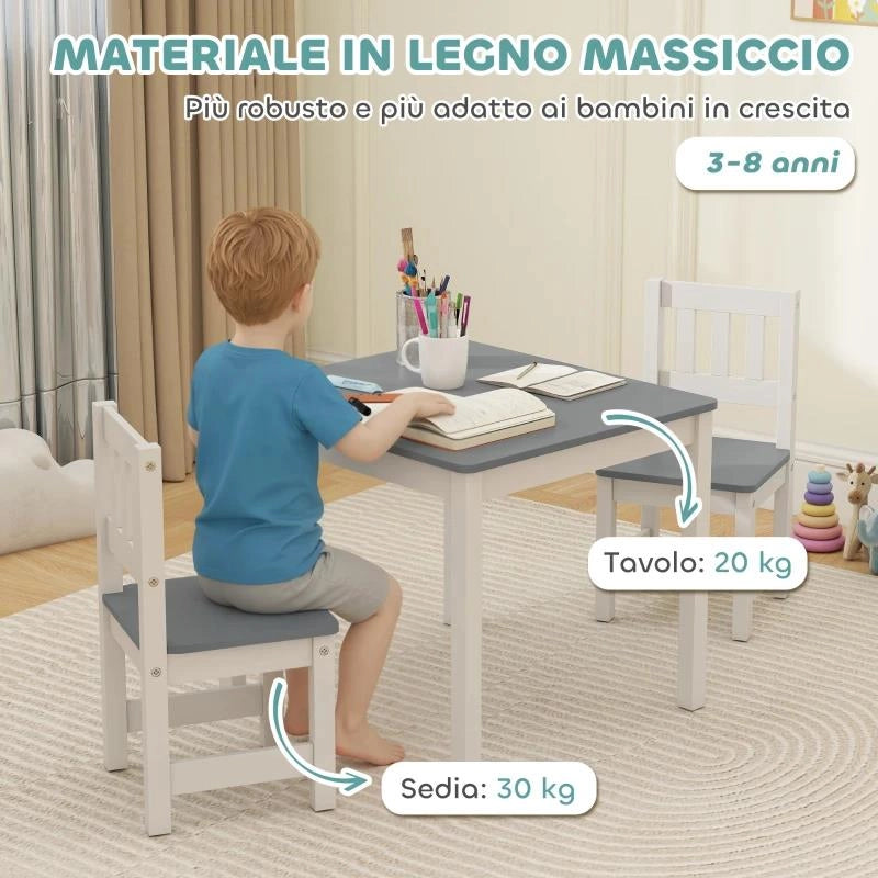 SET TAVOLO E SEDIE PER BAMBINI DA 3-8 ANNI 3 PZ IN LEGNO CON BORDI ARROTONDATI, GRIGIO E BIANCO