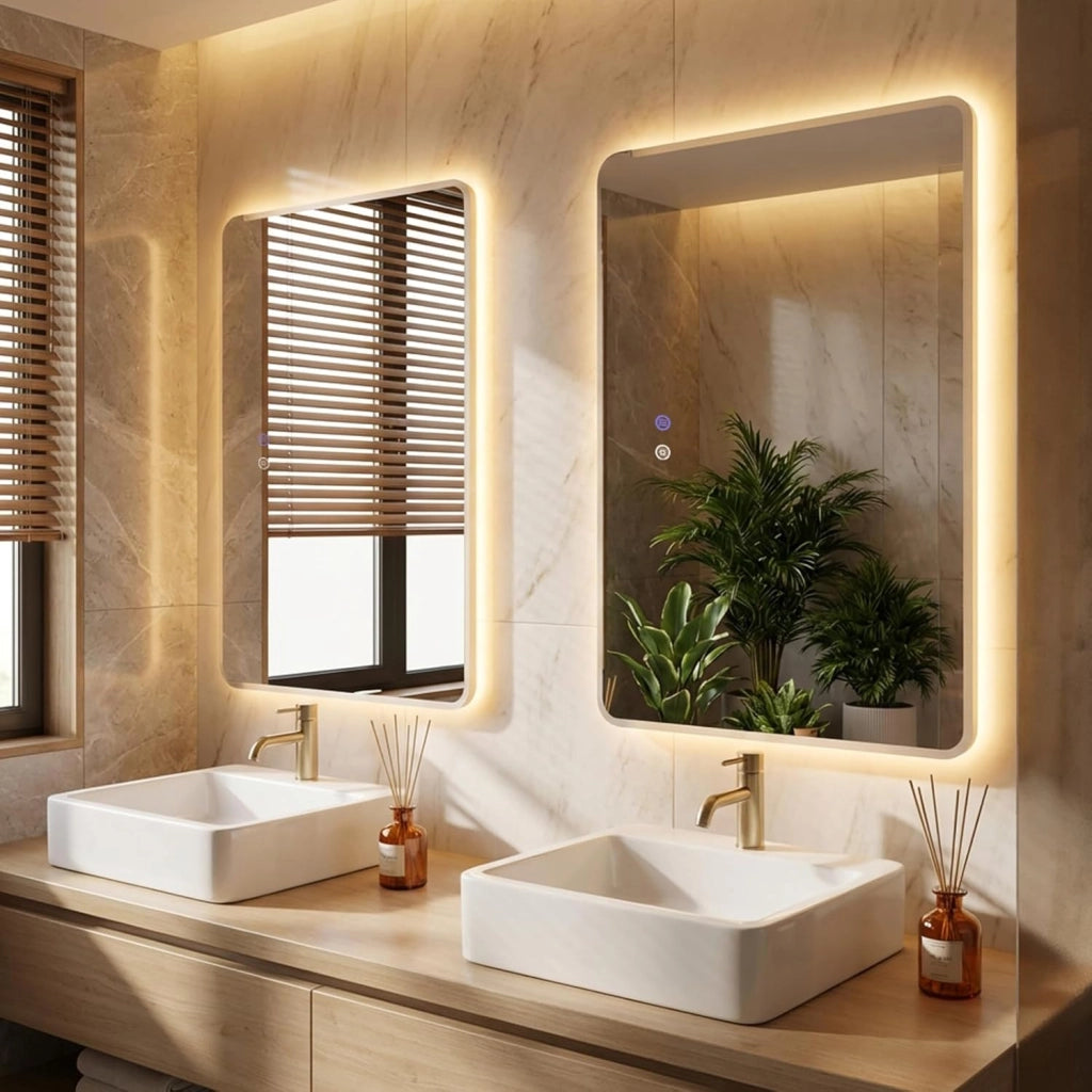 Specchio da Bagno LED 70 x 50 Cm, Vetro Temperato Anti-Esplosione, Specchio da Parete Retroilluminato Dimmerabile con Luci a 3 Colori e Antiappannamento, per Lavabo (70 x 50 x 3 cm)