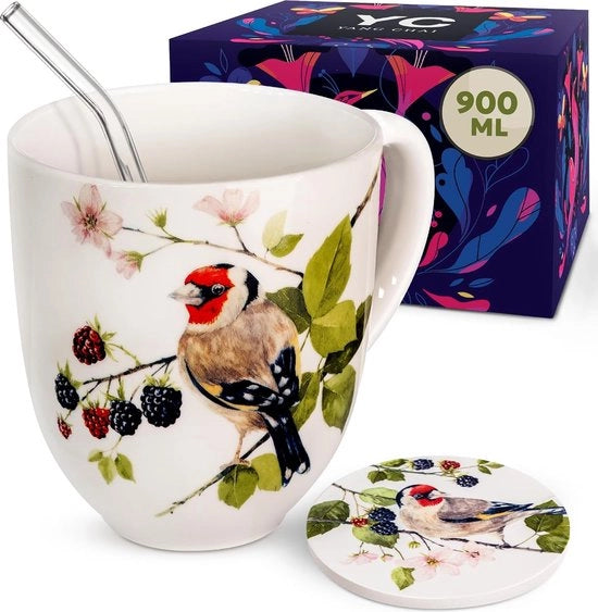 Set da Tè XXL con Filtro e Cadeau 6 pezzi, 900 ml, Grande Tazza di Porcellana con Sottopiatto, Filtraggio a Papier, Stuzzicadenti in Vetro