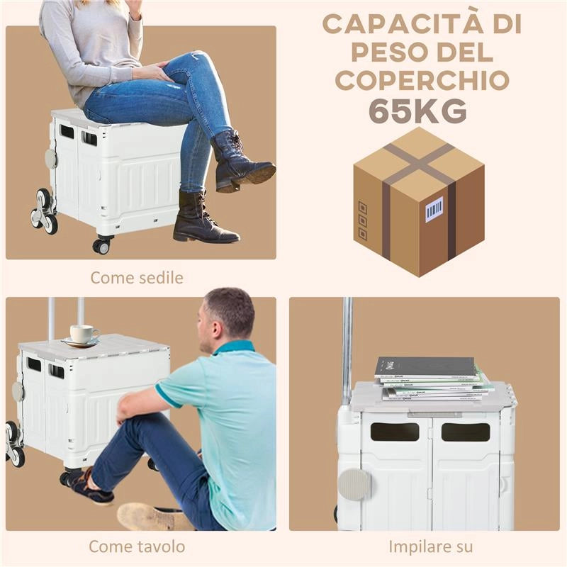 CARRELLO SPESA PIEGHEVOLE, CARRELLO IN ALLUMINIO, RUOTE PER SCALE, BIANCO