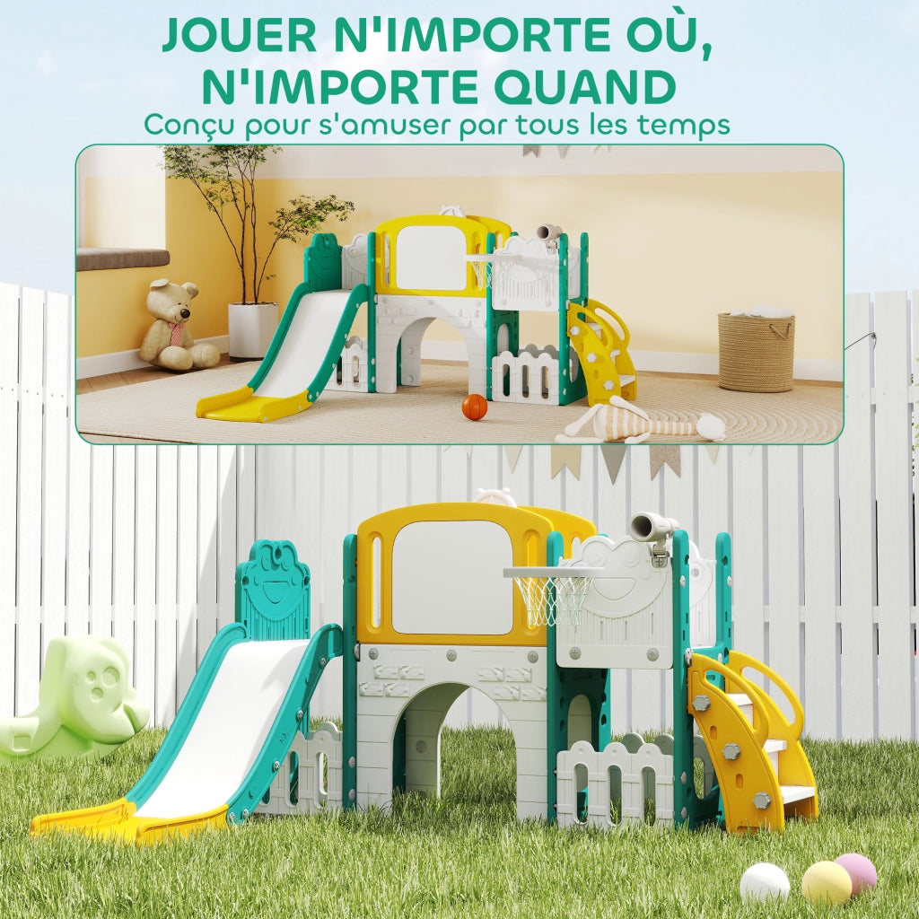 Scivolo 7 in 1 per bambini con canestro basket, telescopio, contenitore, tunnel, parete da arrampicata, tavolo da disegno ¨C Xylo ¨C giallo