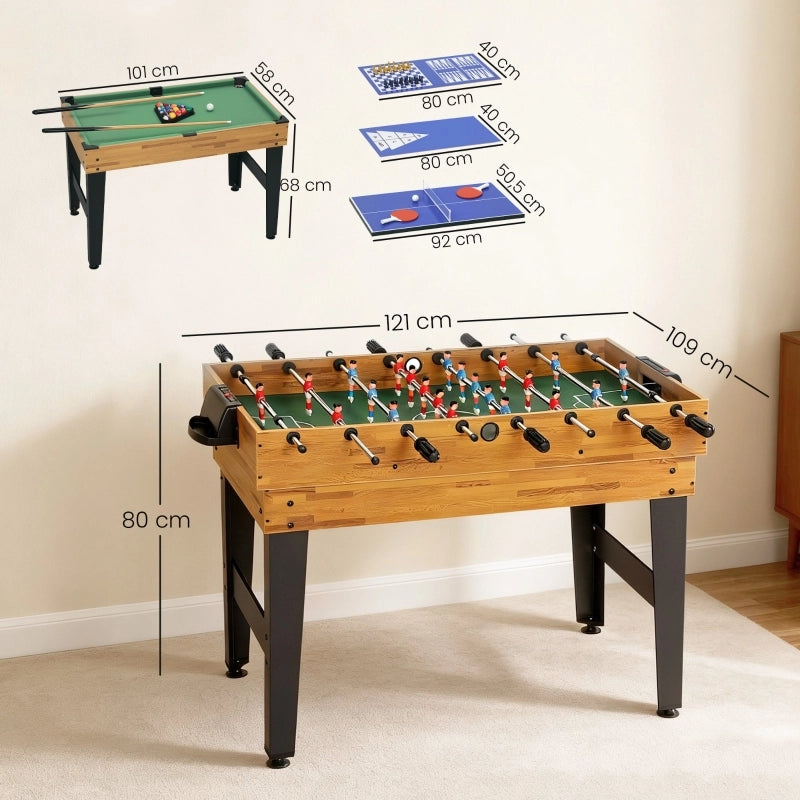 Tavolo da gioco 13 in 1: calcio balilla, scacchi, biliardo, ping-pong e altro ancora. Materiali: MDF, plastica, noce.