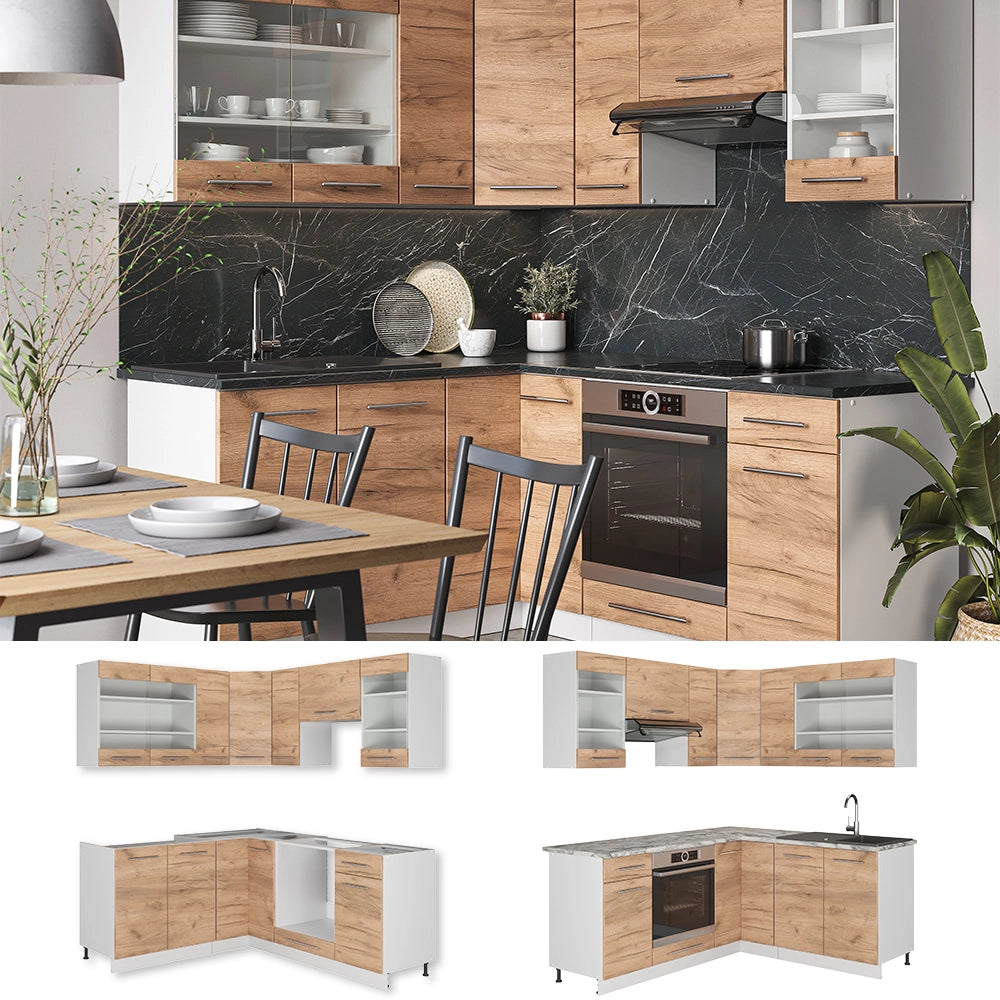 Cucina angolare completa Fame-Line Rovere dorato/Bianco 190 x 160 cm, PL Marmo Vicco